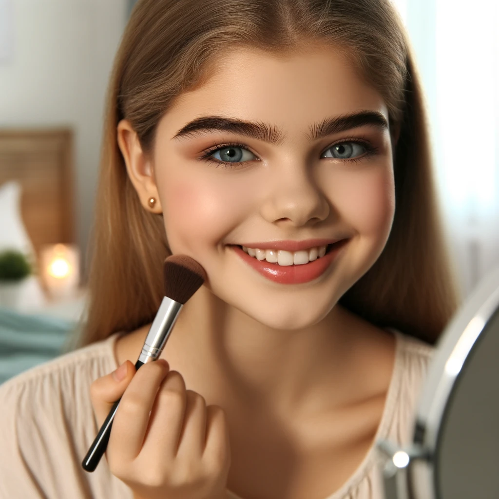 girl applying a light, natural makeup look in her bedroom.