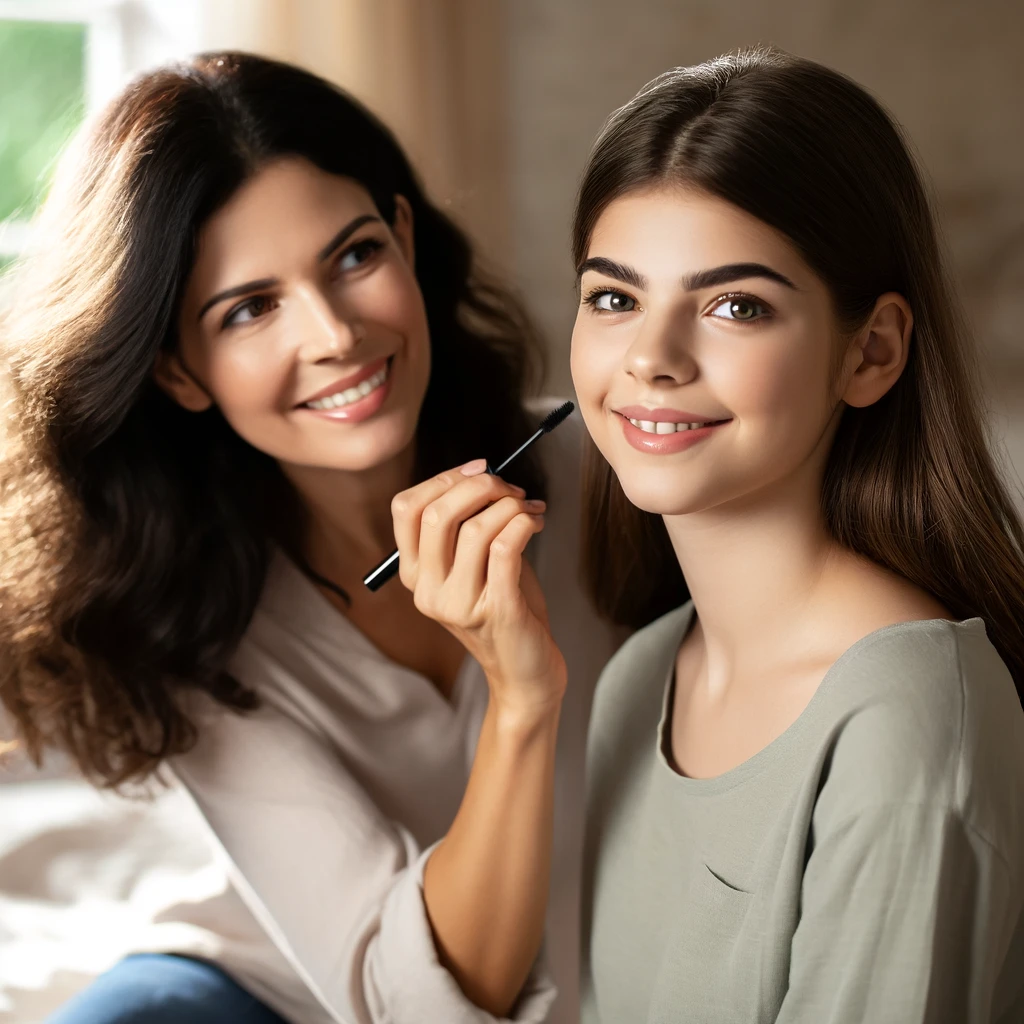 elegant look helping her brunette teenage daughter apply makeup in a naturally lit