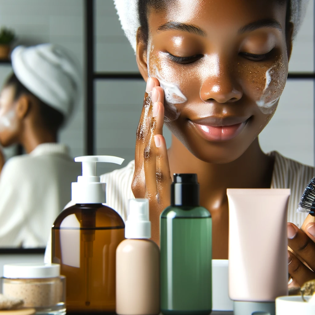 DALL·E 2024 04 12 16.20.28 A detailed image of a skincare routine for oily skin featuring a young woman in her bathroom using a foaming cleanser applying a salicylic acid ton Beauty of Luxury