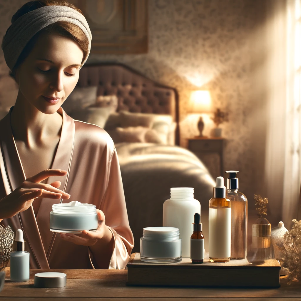 DALL·E 2024 04 12 16.20.30 A serene image of a skincare routine for dry skin depicting a woman in her bedroom applying a rich cream moisturizer. The scene includes a variety of Beauty of Luxury