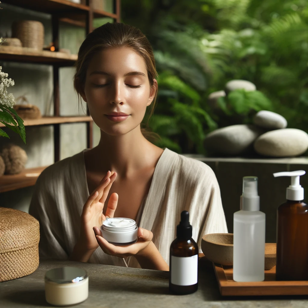 DALL·E 2024 04 12 16.20.31 A calming image of a skincare routine for sensitive skin showcasing a woman in a soothing spa like environment applying fragrance free moisturizer. T Beauty of Luxury