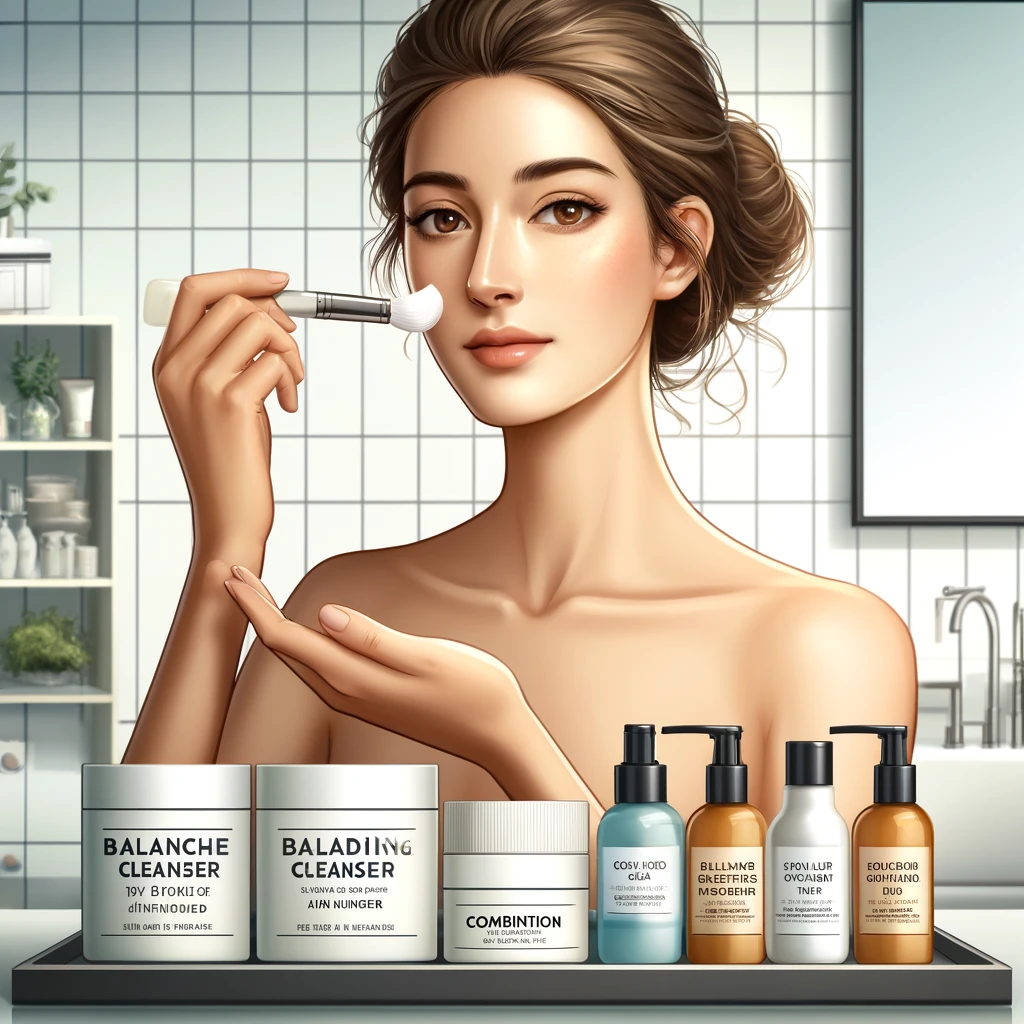 DALL·E 2024 04 12 16.20.33 An engaging image of a skincare routine for combination skin illustrating a woman in a contemporary bathroom applying lightweight moisturizer. The sc Beauty of Luxury