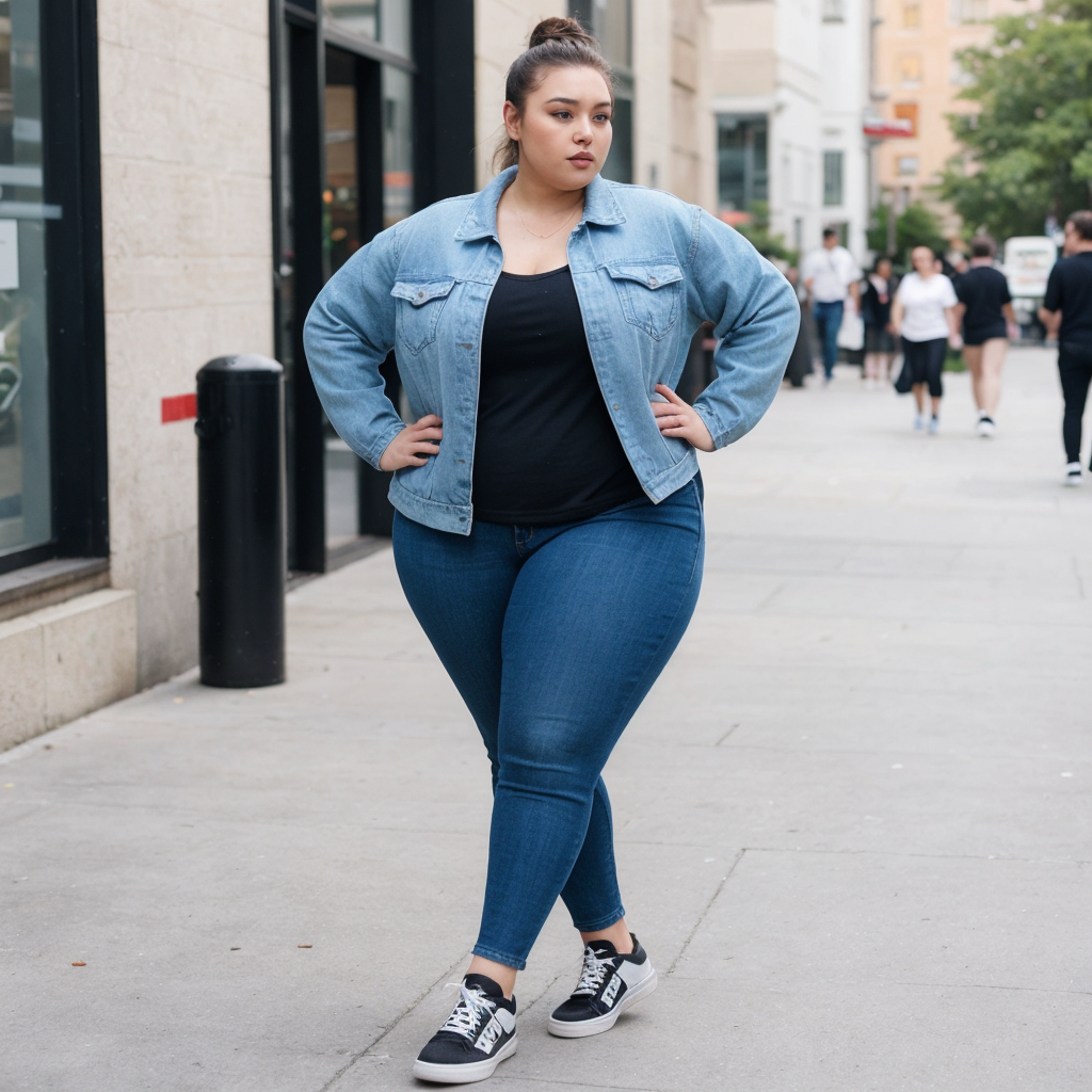 plus size woman dressed in sporty jeans and a denim jacket