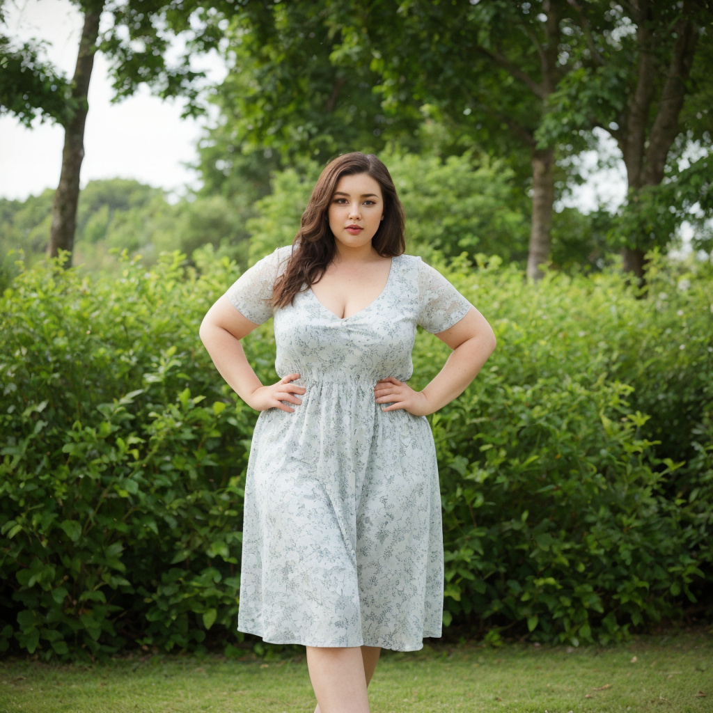 plus size women dressed in a cute, casual floral dress with a beautifully blurred vegetation background