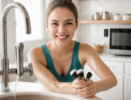 makeup artist's hands cleaning makeup brushes